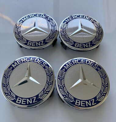 Set of 4 Fit Mercedes Benz Wheel Center Caps BLUE AMG WREATH Emblem Hub 75mm