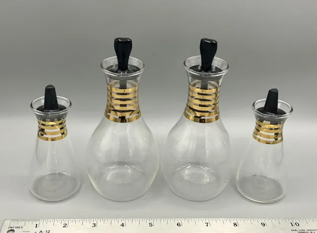 Atomic MCM Pyrex Glass Oil & Vinegar Cruet Bottles Salt & Pepper Shaker w/Gold