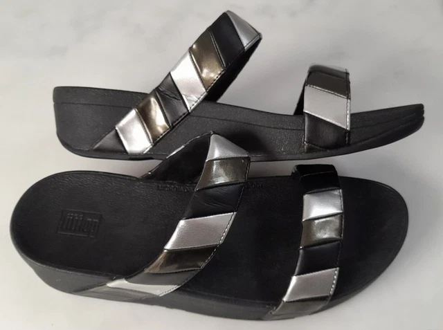 Fitflop Lottie Rainbow Slide Size 6/39 Black/Grey Metallic Leather Look Sandals