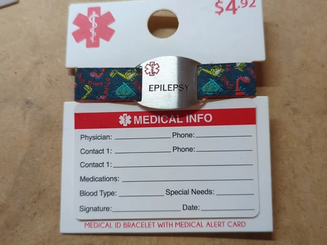Pulsera de identificación médica con tarjeta de alerta médica epilepsia dinosaurios banda ajustable nuevo