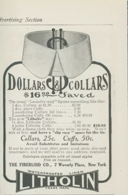 1910 Litholin Fiberloid Co Dollars Collars Cuffs Waterproof Vtg Print Ad CO2