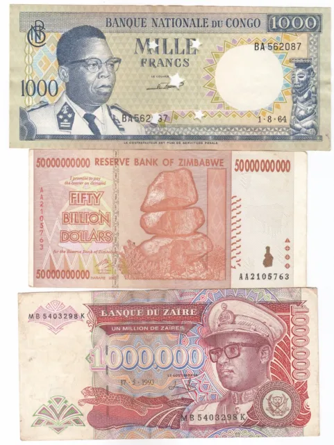 Kongo, Zaire, Zimbabwe, Set Mit 3 Hinweise, Alle Verschiedene Welt Banknoten