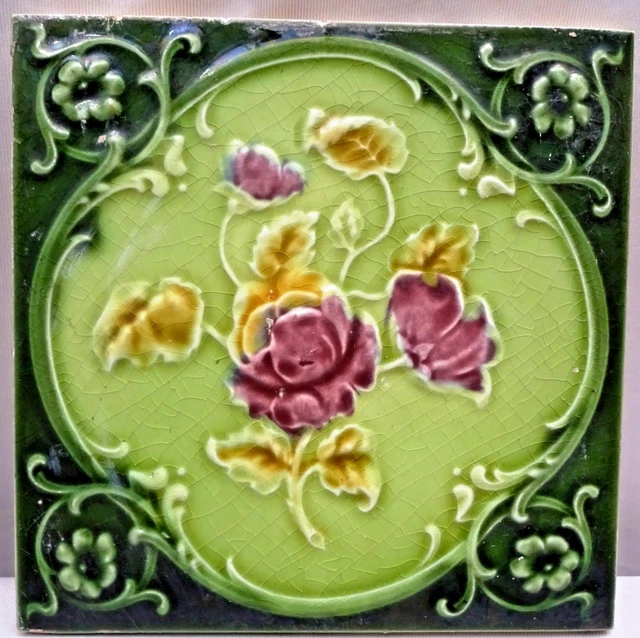 Antique Tile Majolica Rose Purple Art Nouveau England Floral Architecture "135