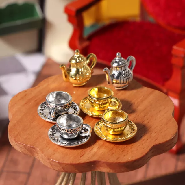 1Set 1:12 Dollhouse Miniature Teapot Cup Saucer Metal Tea Set Kitchen Decor  ZDP