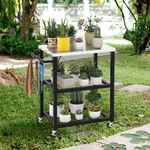 3-tier Outdoor Grill Cart on Wheels w/Stainless Steel Top & Handle 3 Hooks Patio 3