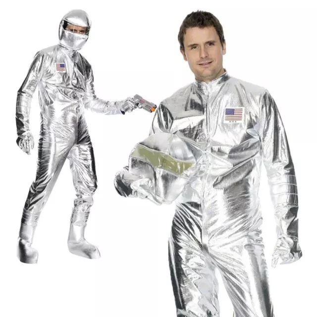 Adult Spaceman Costume Silver Astronaut NASA Flight Suit Fancy Dress Mens