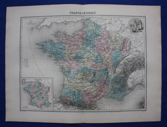 Original antique map MEDIEVAL FRANCE, 'FRANCE FEODALE', Migeon, 1891