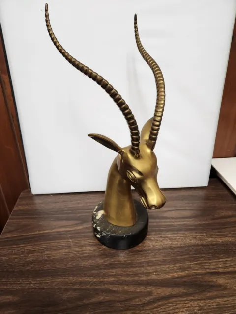 1970s Hollywood Regency Brass Antelope Sculpture With Exotic Marble Base RARE
