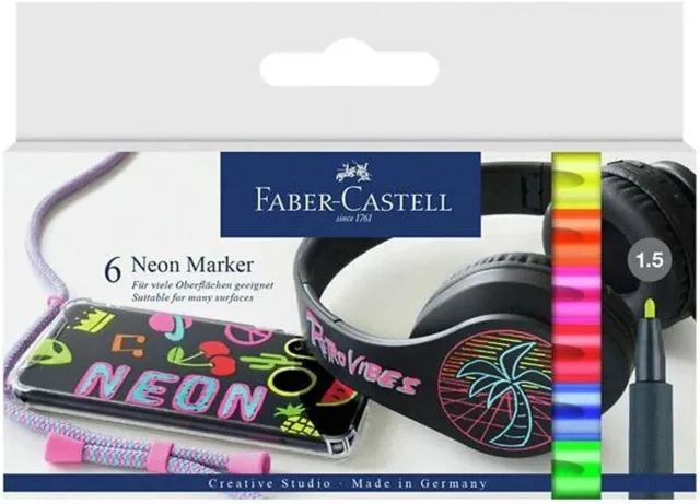 Faber-Castell Neon Marker, Textmarker, 6 Farben Leuchtstifte gestalten markieren