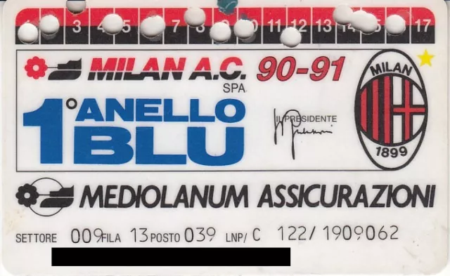 MILAN A.C. 1990-1991 Abbonamento - Tribuna Blu