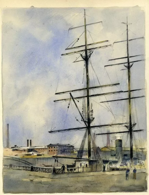 Schulschiff Deutschland im Hafen. Aquarell und Tuschfederzei. Will Haunschild.