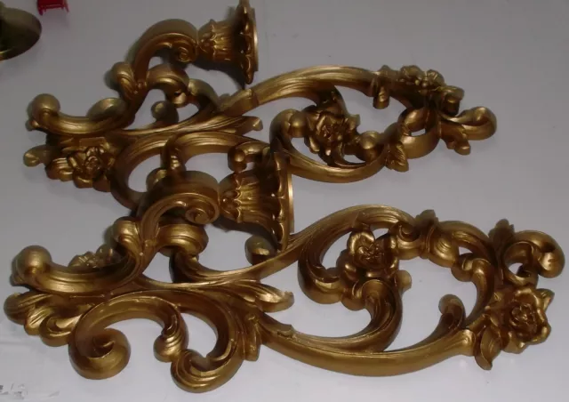 Pair of Vintage Homco 1971 Ornate Gold Floral Scroll Wall Sconces Candle Holders