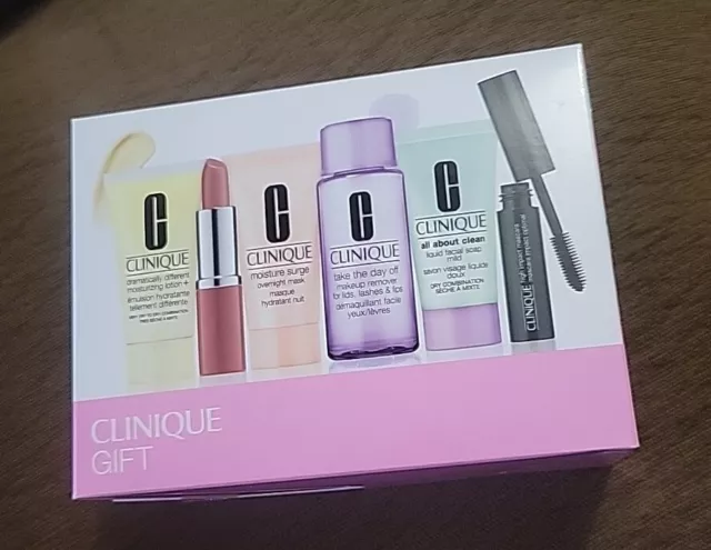 Clinique 6 PCS Skincare Travel Makeup Deluxe Sample Gift Set White/Pink Box