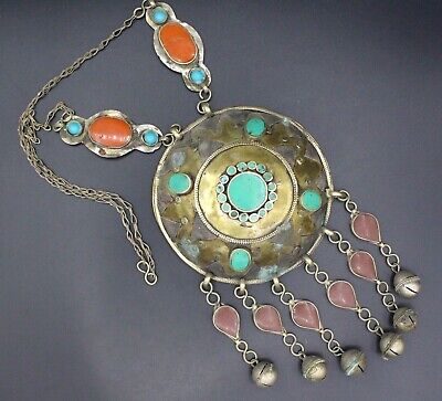 Afghan Alpaka Necklace, Disc Pendant Necklace, Round Costuming Enamel Pendant,