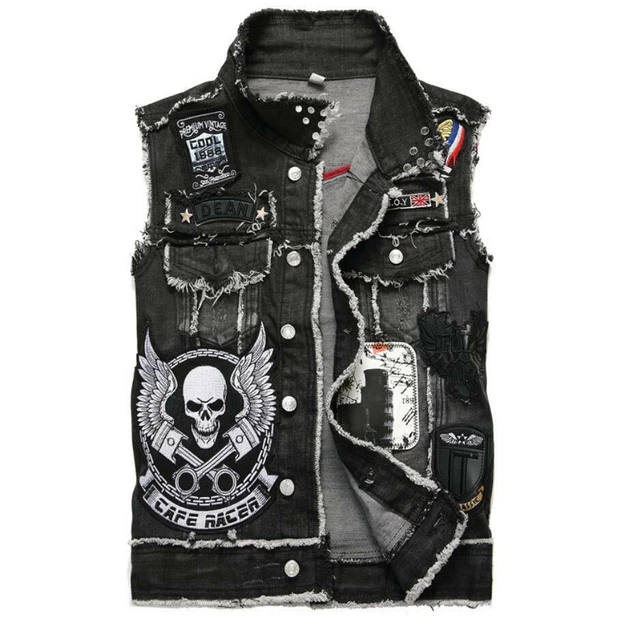 Giacca Jeans Punk Ragazzi Denim Uomo Senza Maniche Gilet Gilet Decorazione Teschio Moda
