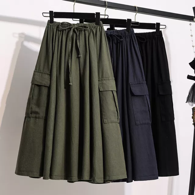 Women Pocket Cargo Skirt Frill Drawstring Big Swing Japanese Loose