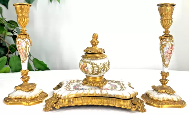 Louis XV Rokoko Schreibtischgarnitur Kerzenständer Tintenfass Bronze vergoldet