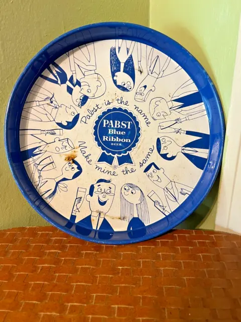 Vintage Pabst Is The Name Blue Ribbon Beer Advertising Tin Metal Round Tray