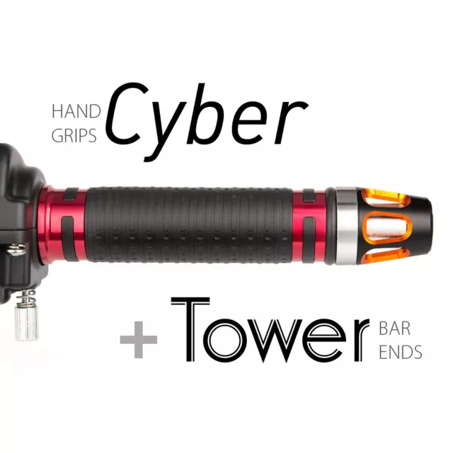 KiWAV Motorcycle Cyber Grips Red with Tower Bar Ends Orange/Silver