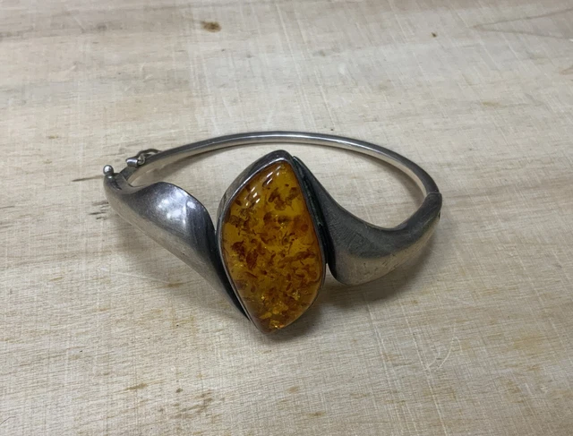 Bracelet En Argent Avec Pierre D'Ambre - Bijou Fantaisie - Occasion - Fabriqué En France