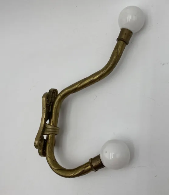 Solid Brass Twist Two Hook Porcelain Knob Wall Mount Coat Hook Vtg 7"