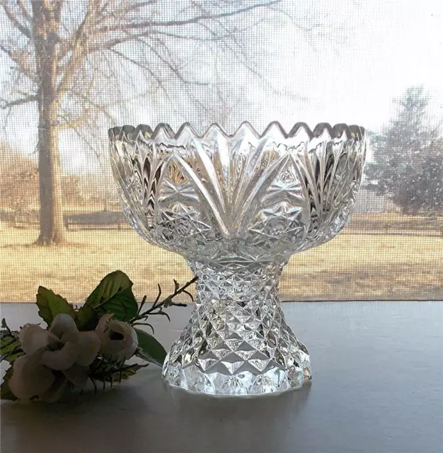 Vintage Pressed Cut Clear Glass Sawtooth Rim Pedestal Candy/Nut Bowl-Euc