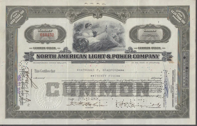 North American Light & Power stock certificate 1930 25 shares
