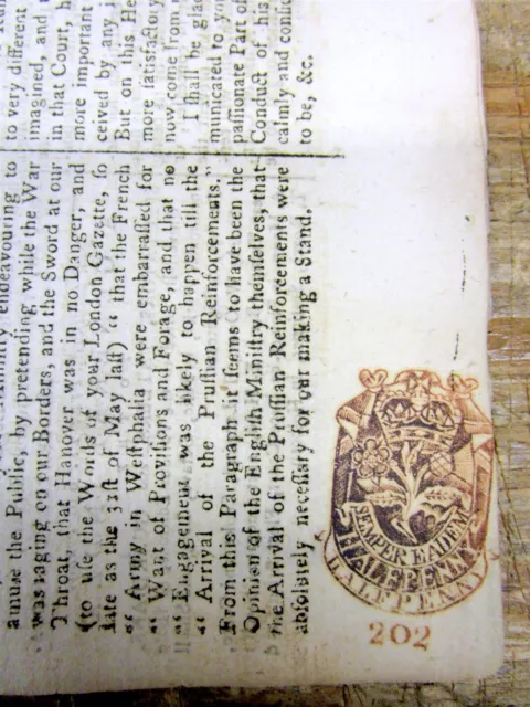 1757 London ENGLAND French & Indian War era newspaper w RED halfpenny TAX STAMP