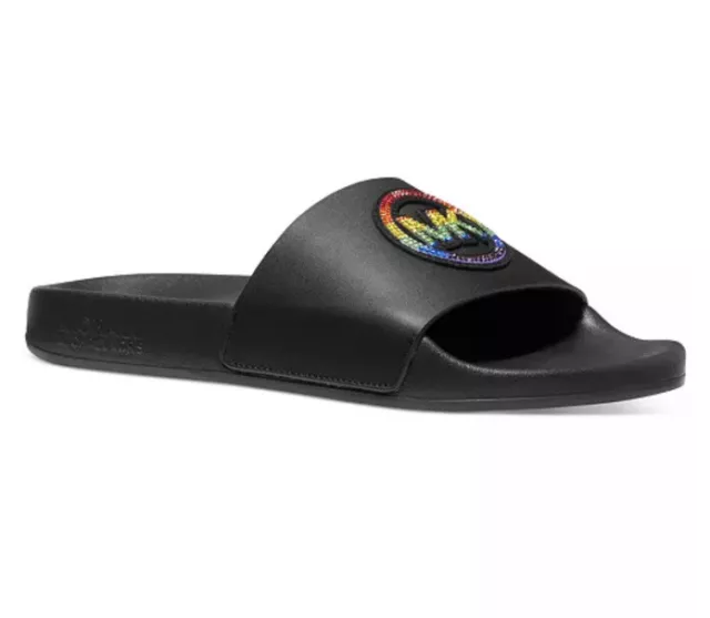 Women MK Michael Kors Gilmore Flat Slide Sandals Leather MK Rainbow Hot Fix Blk