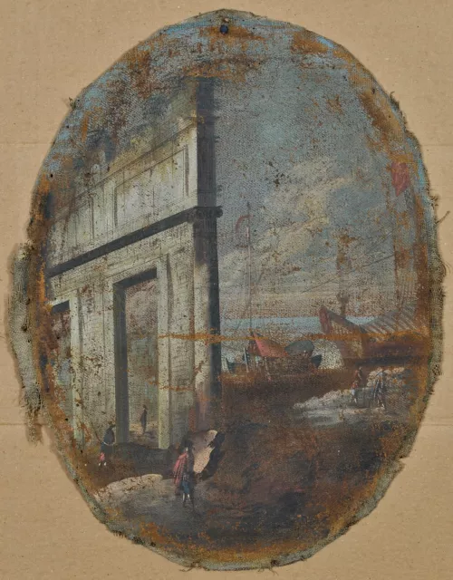 18th CENTURY ITALIAN OLD MASTER OIL ON CANVAS RUINS LANDSCAPE ANTIQUE PAINTING
