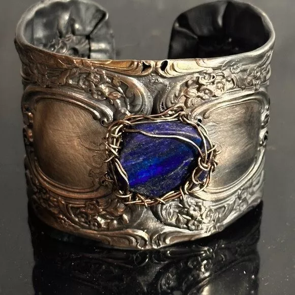 Lapis Lazuli Sterling Silver 925 Gorham Cuff Bracelet Brutalist Art Nouveau ,925