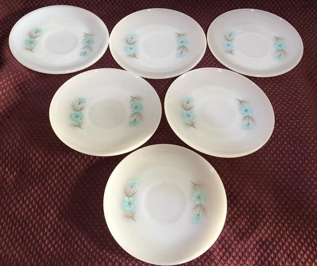 6 VINTAGE FIRE King BONNIE BLUE FLOWERS Milk Glass Tea Cup Saucers