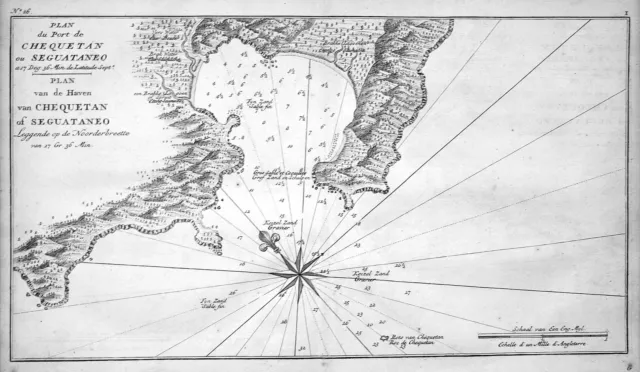 1749 Zihuatanejo Mexico puerto mapa map Kupferstich antique print Anson