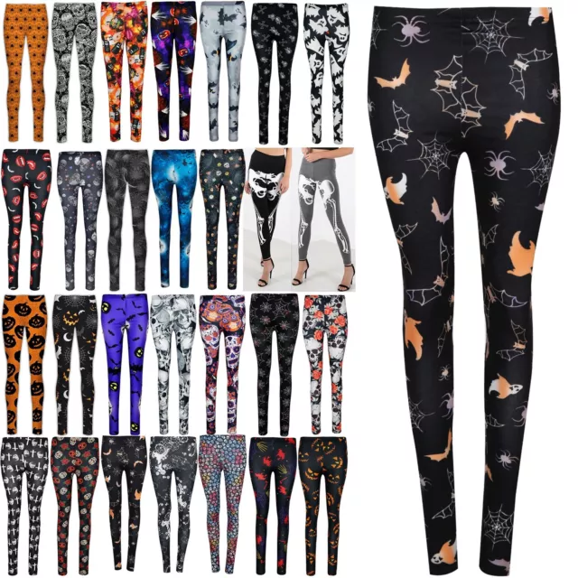 Ladies Pumpkin Halloween Ghost Skull Witch Broom Womens Jeggings Skinny Leggings