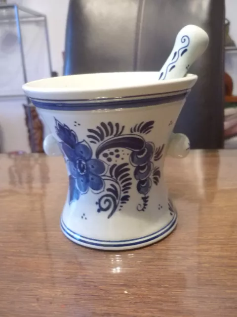 Mörser Apotheke Keramik Delft blau zwei Handhaben + Pistill  10,2 cm Handarbeit