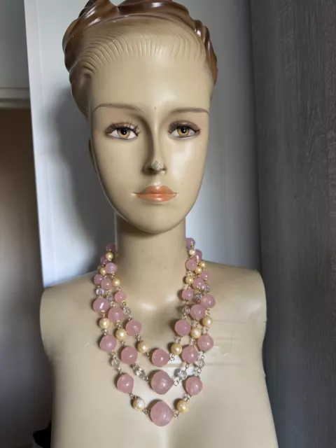 Elegant French Vintage  Creator Necklace - Huge Pink Plastic beads, Glass, pearl