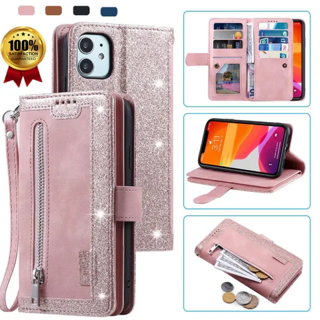 For iPhone 14 13 12 Pro Max 11 Xs XR Flip Case Zipper Leather Card Wallet Cover