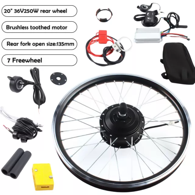 20" 36V 250W Rear Wheel Rim Electric Bicycle E-bike Hub Motor Conversion Kit LED