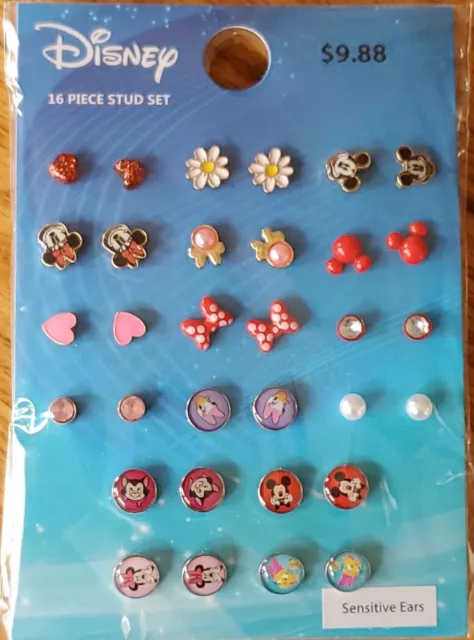 Disney Earrings 16 Piece Stud Set. NEW For Sensitive Ears. MICKEY, MINNIE, DAISY