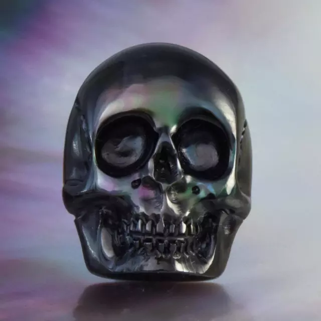 Skull Design Carving Cabochon Black Pen Pinna Shell & Paua Abalone 3.43 g