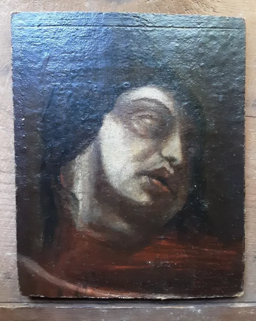 Antique 17Th Century Small Oil Board Portrait Head John The Baptist Saint Death