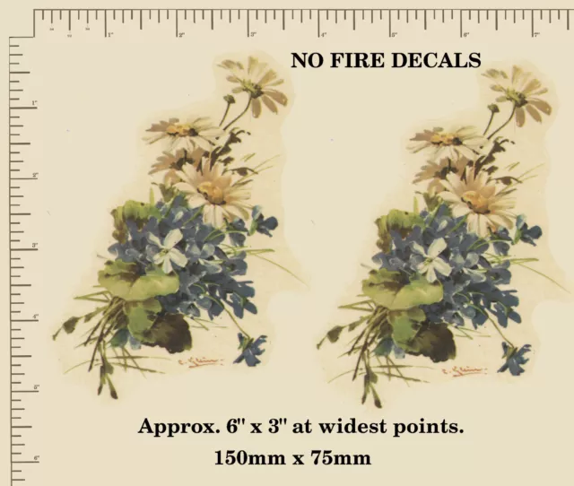 2 x NO-FIRE CERAMIC DECALS Waterslide BLUE / CREAM FLOWERS  Approx. 6" x 3"  C26