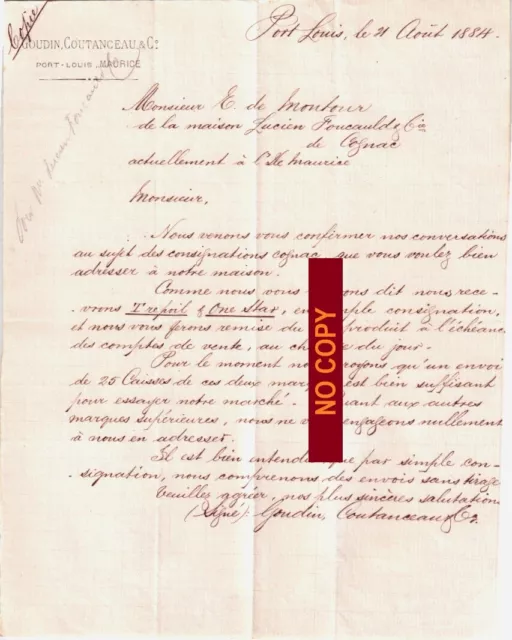 Document du 21/08/1884 GOUDIN-COUTANCEAU & Cie - PORT-LOUIS Ile MAURICE