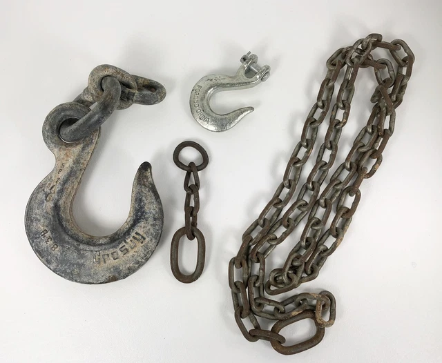 Vintage Crosby Slip Eye Hook 58 5 ton plus 1/4 hook plus Chain Lot