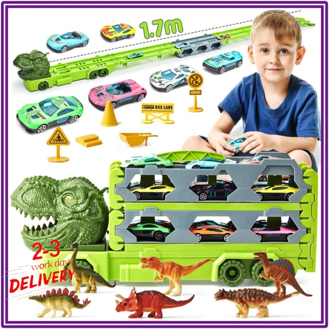 Transport Truck Spielzeug Autos Dinosaurier Rennstrecke Spielzeug mit 6Rennwagen