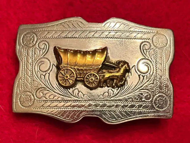 Vintage nickel silver two tone Western Covered wagon belt buckle Cowgirl women