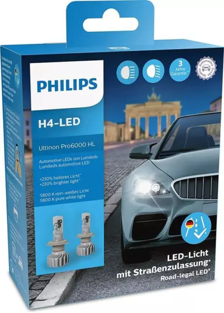 Philips Ultinon Pro6000 H4 Nachrüst-LED-Lampe mit Zulassung bis zu 230 Prozent h