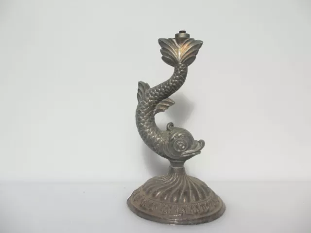 Vintage Stand Base Lamp Bowl Old Koi Fish Dolphin Oriental Asian Silver 9.5"