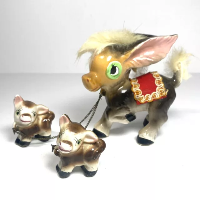 Vintage Ceramic Donkey w/ Fur & Chain Babies - Japan MCM - Burro Mule