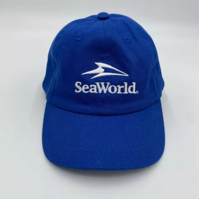 SeaWorld Youth Kid Hat Baseball Cap Adjustable Strap Back Blue Sea World Logo